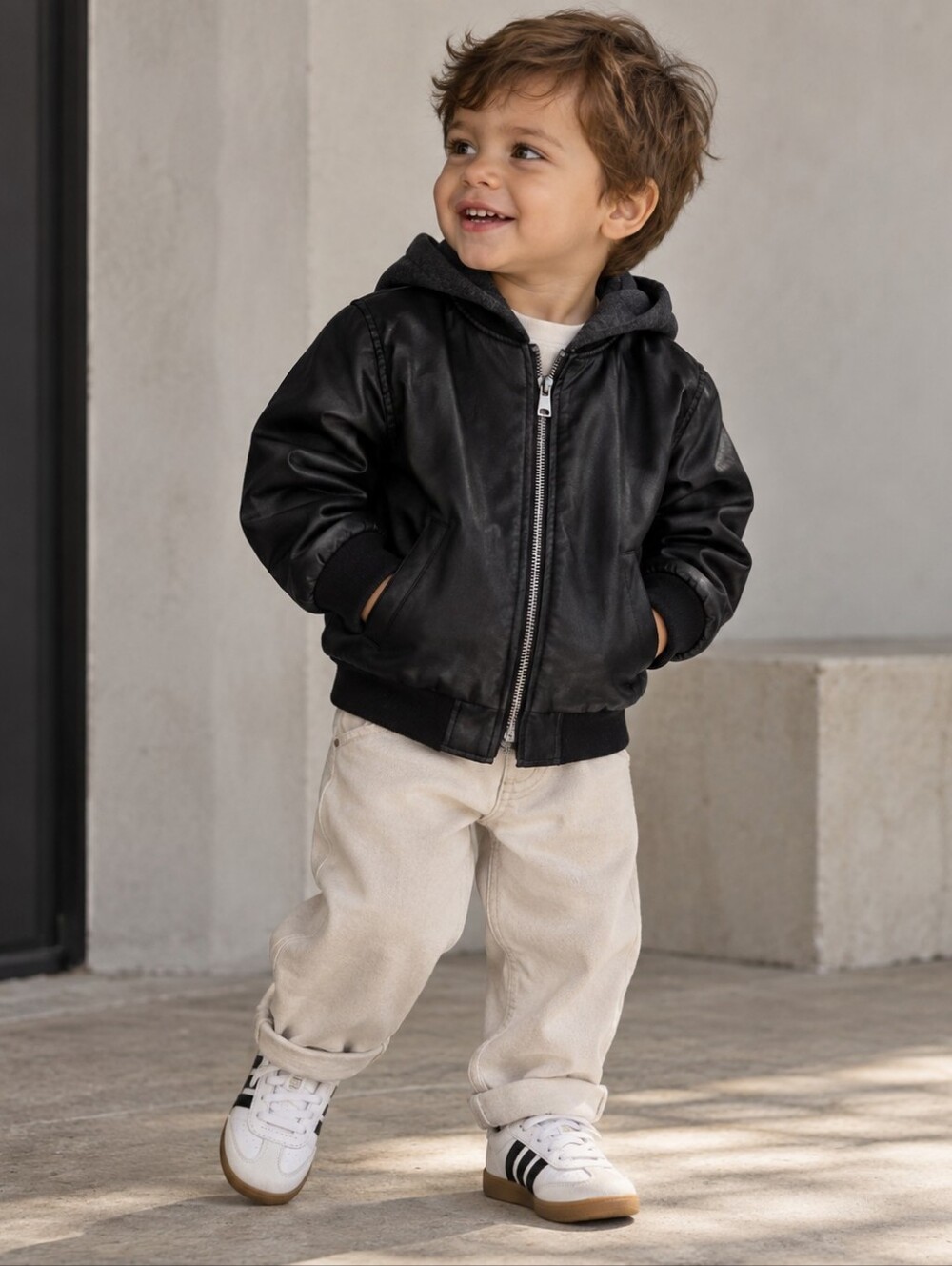 NWT Zara Kids Black Faux Leather Hooded Bomber Jacket 2-3Y 98